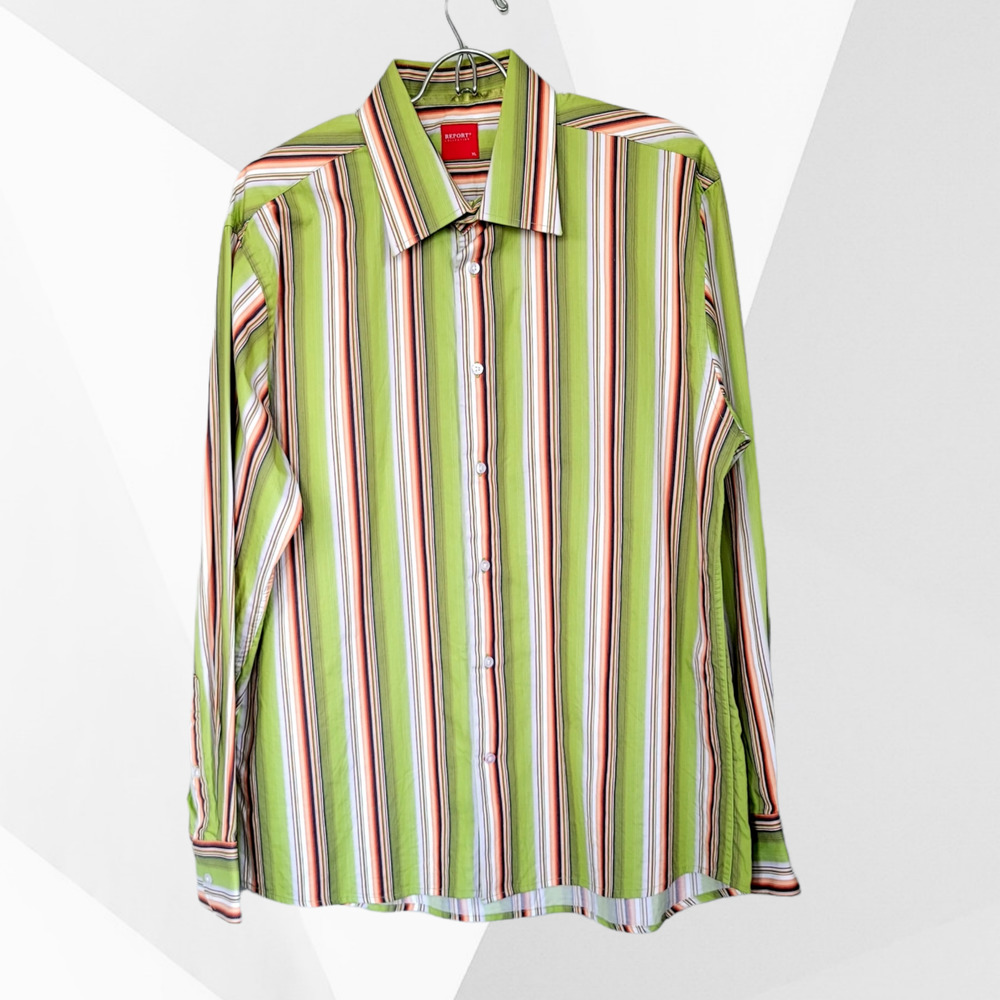 Report Collection Men's Green Striped Dress Shirt Size XL